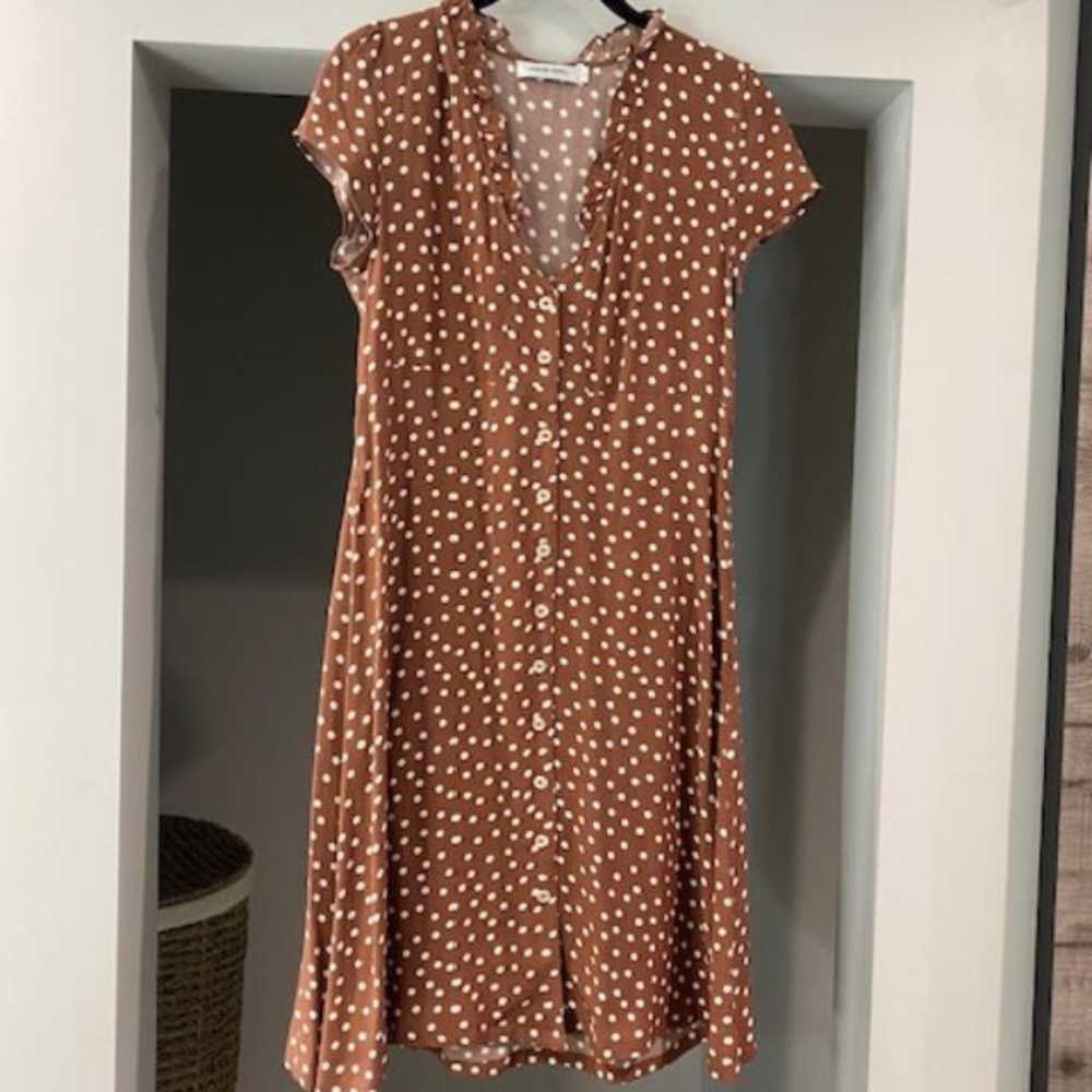 GENUINE PEOPLE Brown and White Polyester Dress, full length button down, Size S